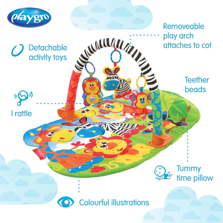 Playgro Krabbeldecke mit Spielbogen, Mit abnehmbarem Spielzeug, Ab 0 Monate, Safari Super Gym, Bunt,
