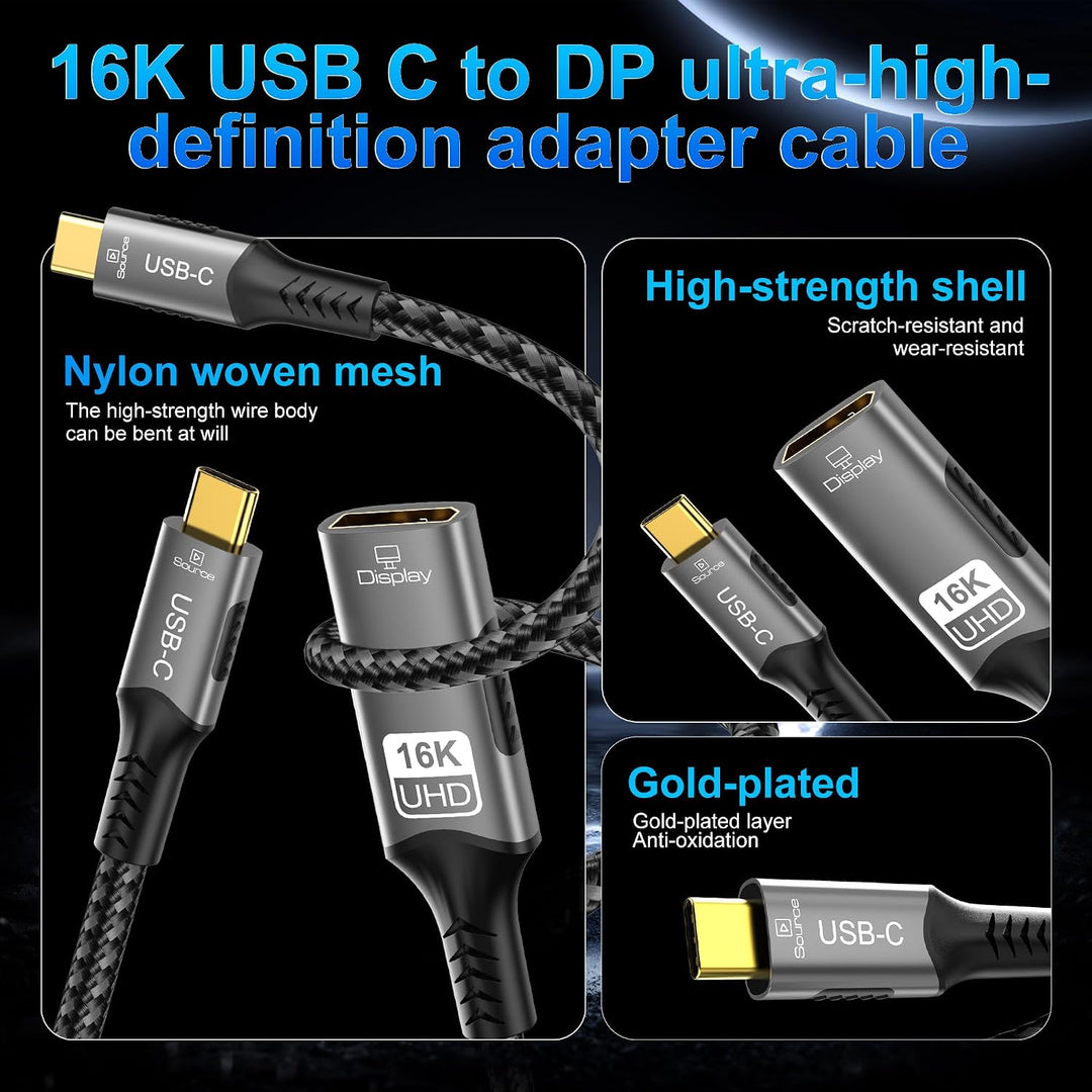 USB C auf DisplayPort 2.1 Adapterkabel, 16K @ 60Hz, 8K @ 120Hz, 48-Bit Farbtiefe 80 Gbit/s, Thunderb