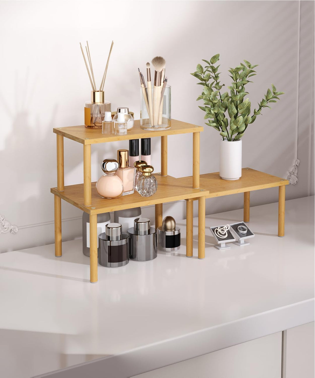 Fibogollo Bambus Schrank Organizer Ablage 3er Set, stapelbares Gewürzregal Mittel Natur Braun Mittel