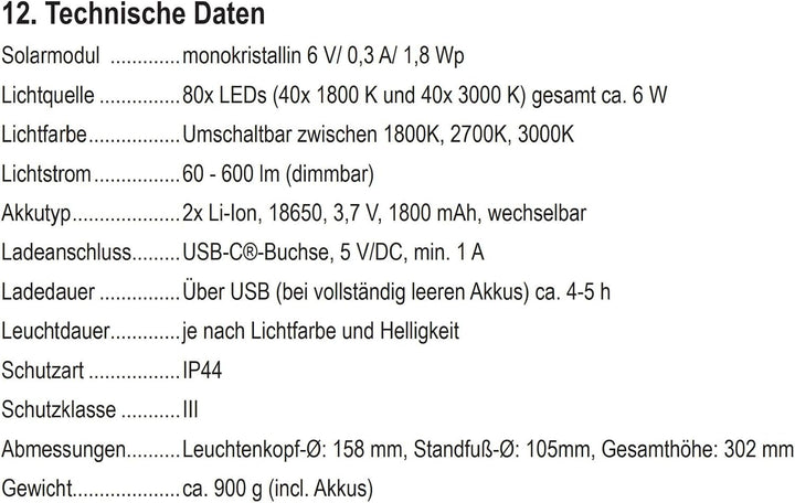 Esotec Solar Tischleuchte Tischlampe Lina, Sensor, dimmbar, USB-C 102922