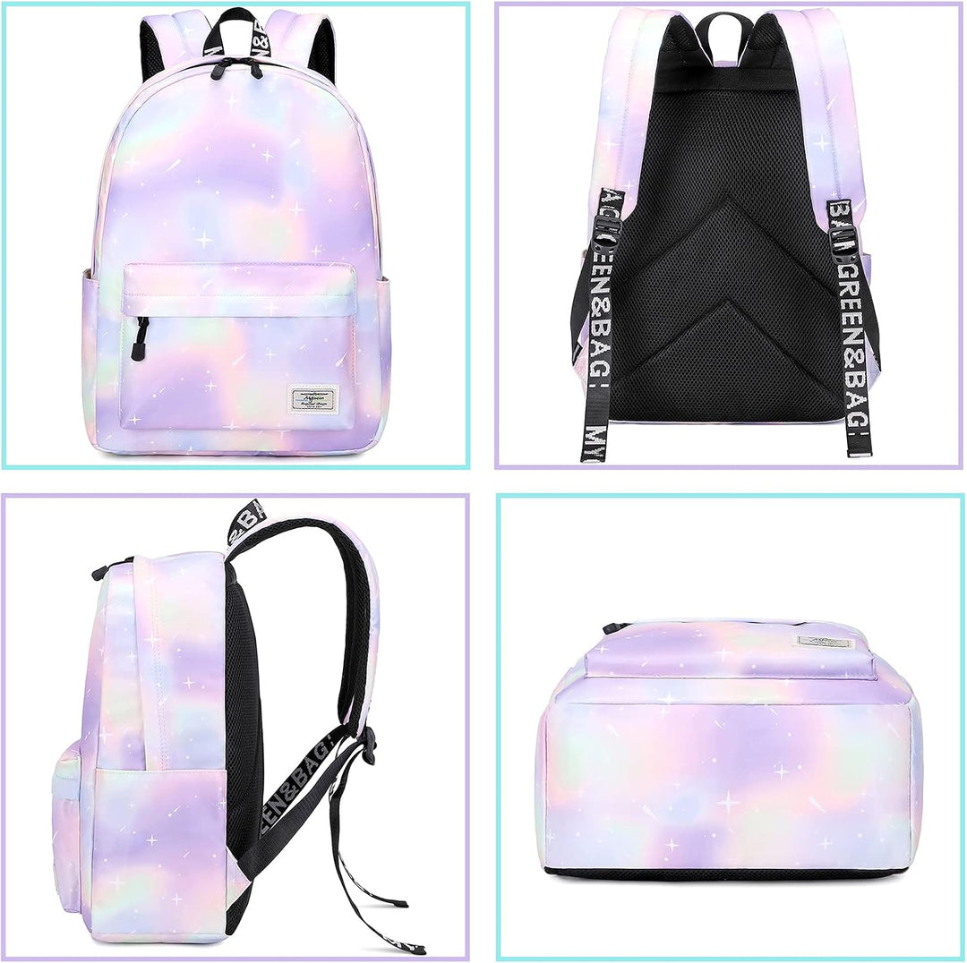 Lohol Leichter Schulrucksack für Mädchen, Kinder-Schulranzen-Rucksack mit Galaxie Aufdruck (Grün&amp;Lil