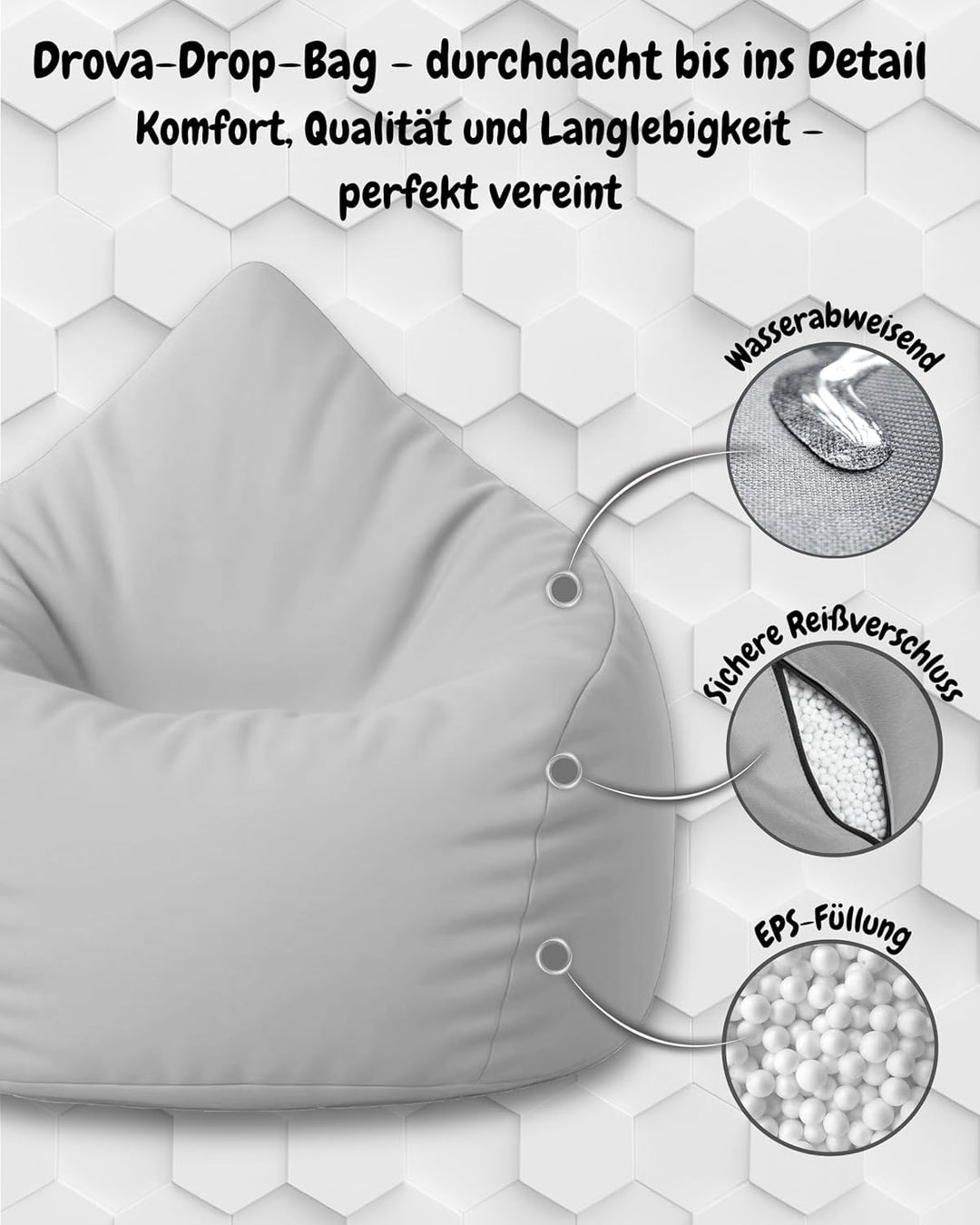 PATCH HOME Patchhome Sitzsack Tropfenform mit Reissverschluss Nachfüllbar - für In &amp; Outdoor - mit S