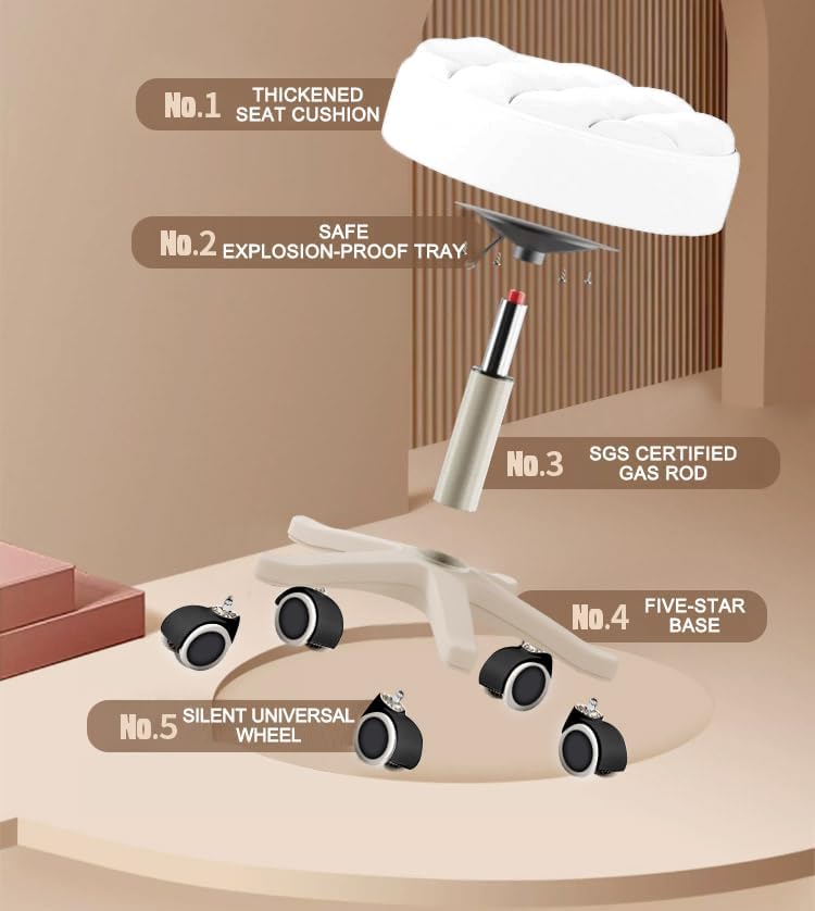 Kleiner Stuhl, runder Drehhocker mit Rollen, Sitzhöhe 35–45 cm, 360° drehbar, PU-Leder, höhenverstel