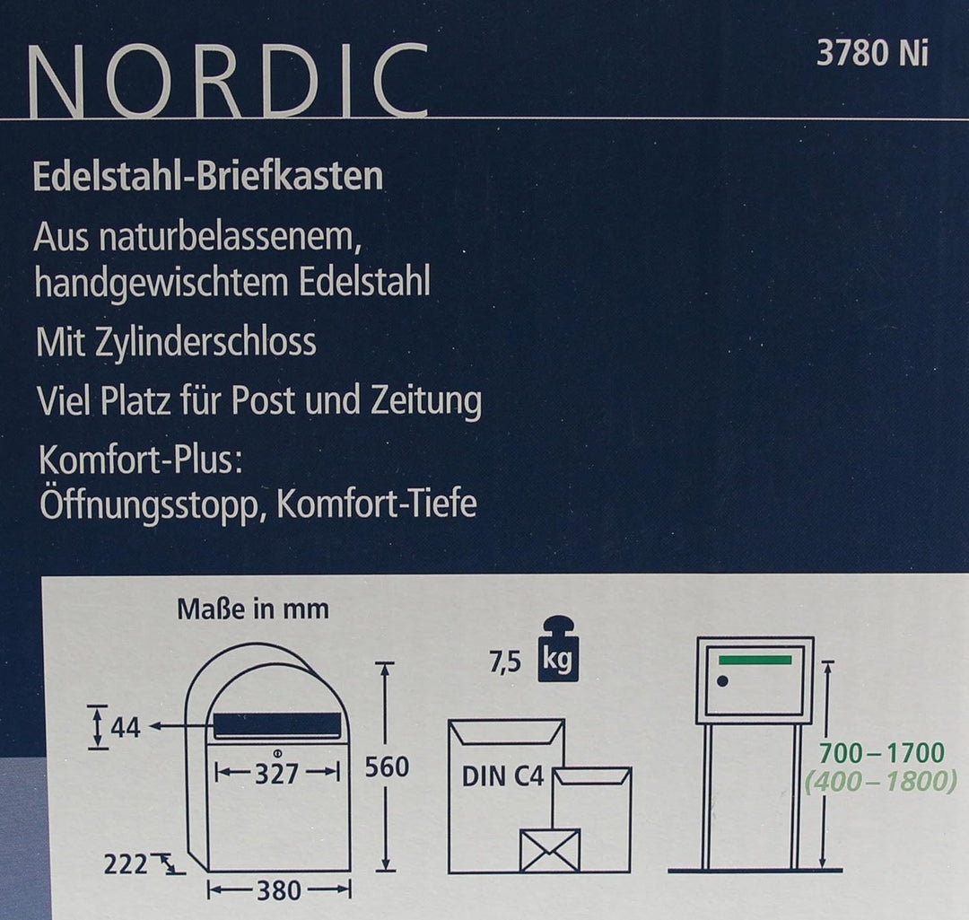Burg-Wächter Briefkasten Edelstahl mit Öffnungsstopp, Grossraumbriefkasten, A4 Einwurf-Format, Rostf