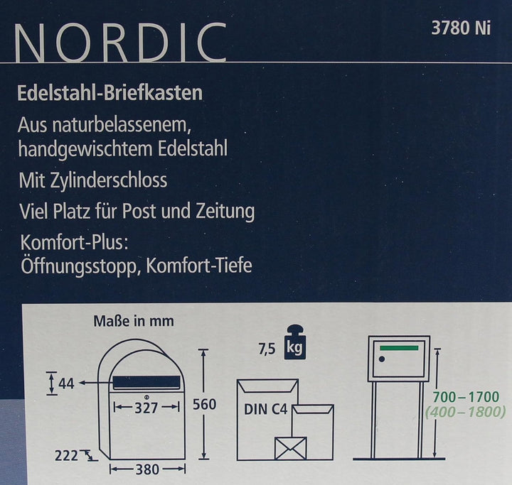 Burg-Wächter Briefkasten Edelstahl mit Öffnungsstopp, Grossraumbriefkasten, A4 Einwurf-Format, Rostf