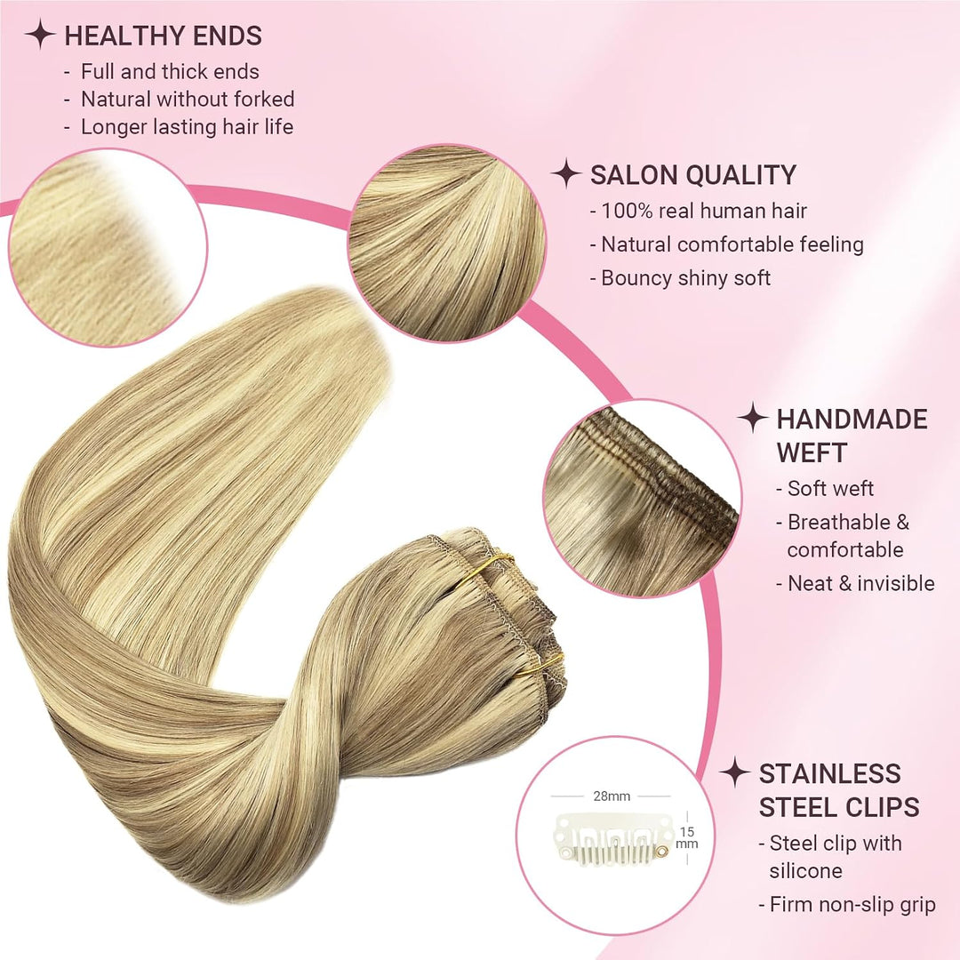 MAXITA Clip in Haarverlängerungen aus echtem Menschenhaar, Remy Haar Clip in Extensions für Damen, n