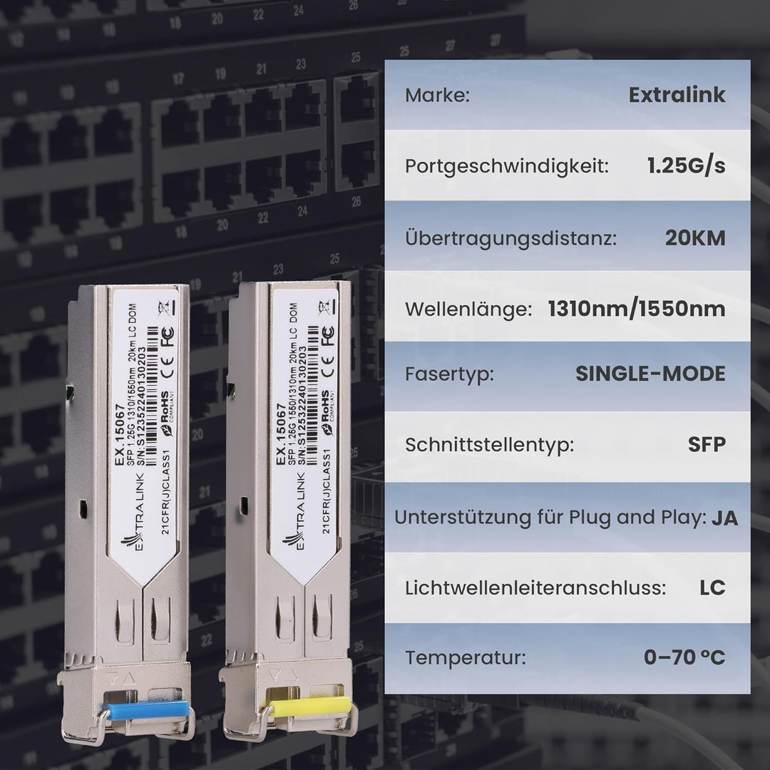 Extralink WDM SFP Modul Singlemode 1.25G SC 1310/1550nm bis 20km – Kompatibel mit HP ARUBA – Gigabit