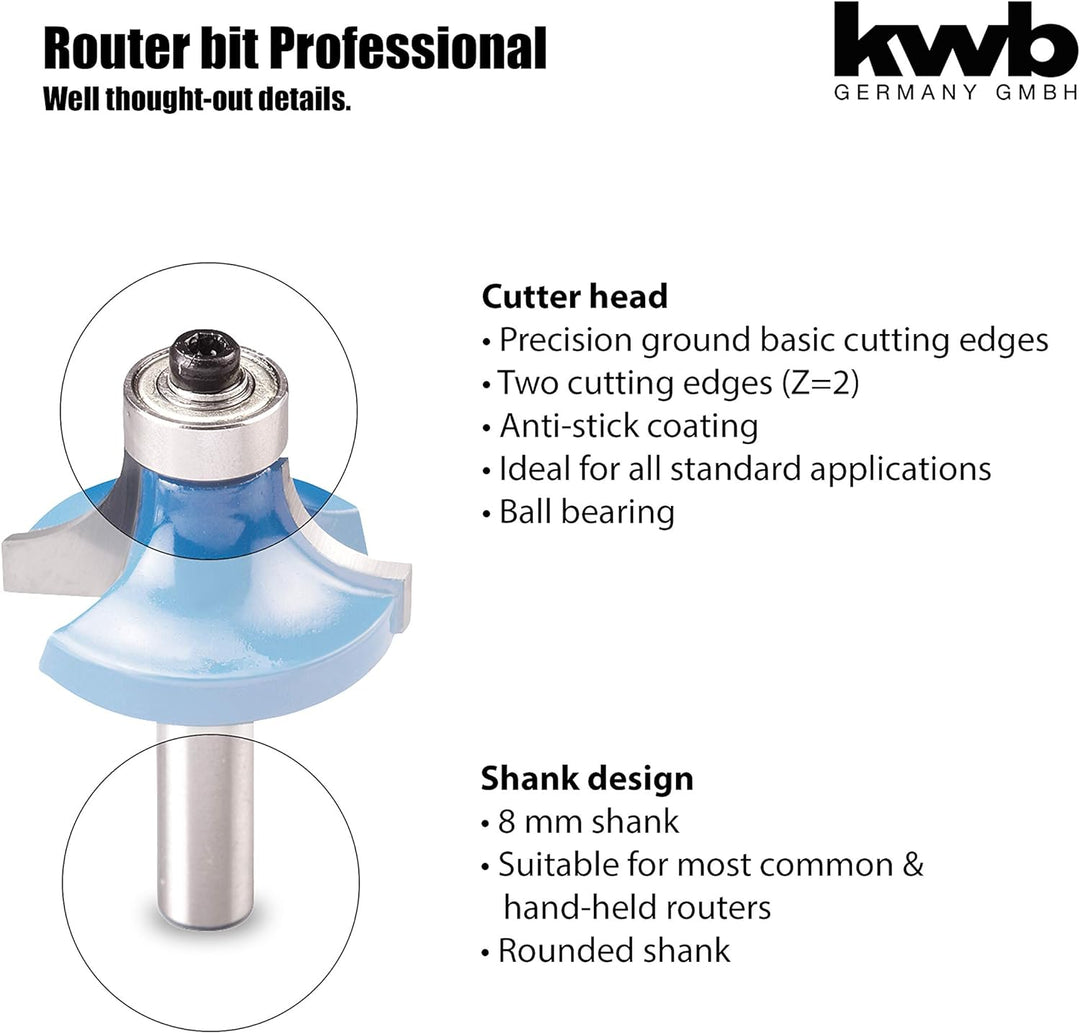 kwb Abrundfräser Ø 32 mm, hartmetallbestückt mit Anlaufkugellager, präzisem Spannschaft und optimier