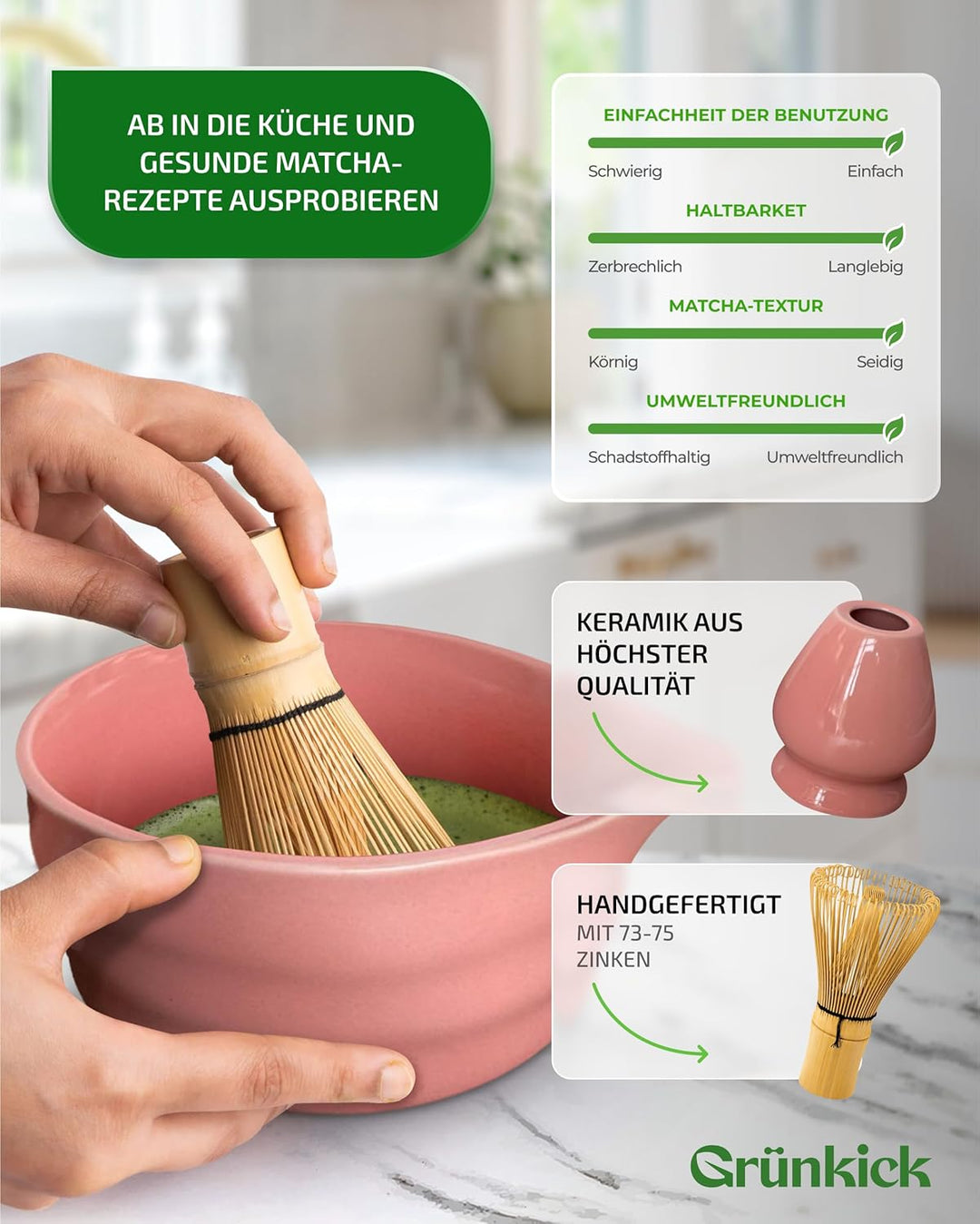 Matcha Set Rosa – Premium Matcha Tee Set mit Matcha Schale, Bambus Matcha Besen & Matcha Zubehör - J