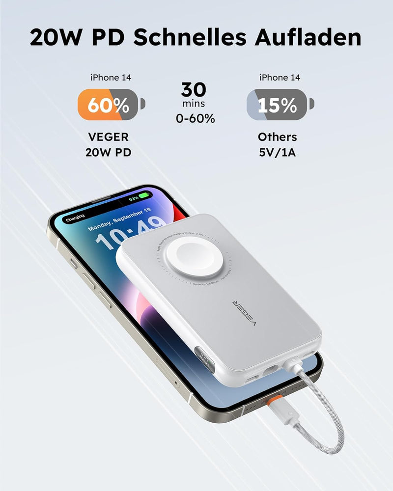 VEGER Mini Power Bank 20W PD, 10000mAh Powerbank mit Apple auf USB C Kabel, mit Apple Watch Laden, 2