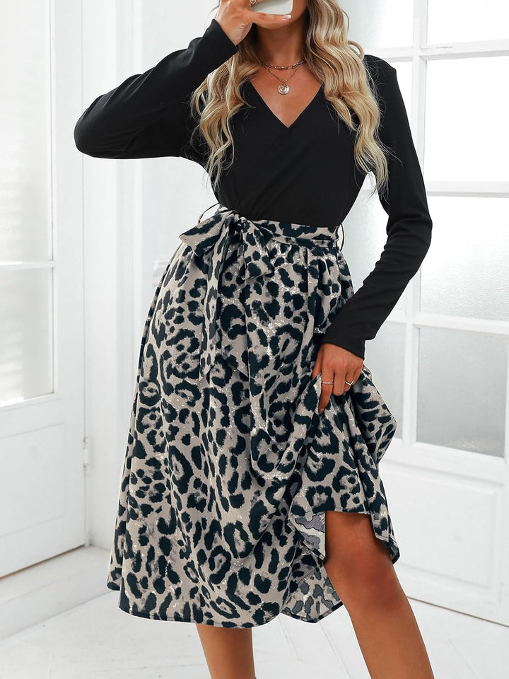 CUPSHE Damen Herbst Kleid V Ausschnitt Langarm Bindegürtel A Linie Leopardenmuster Partykleid Freize