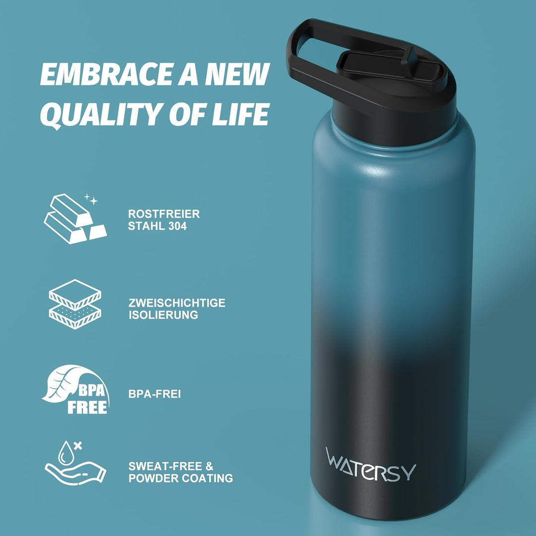 WATERSY Isolierte Edelstahl Thermosflasche 40oz Vakuumisolierte Trinkflasche mit 2 Deckel Auslaufsic