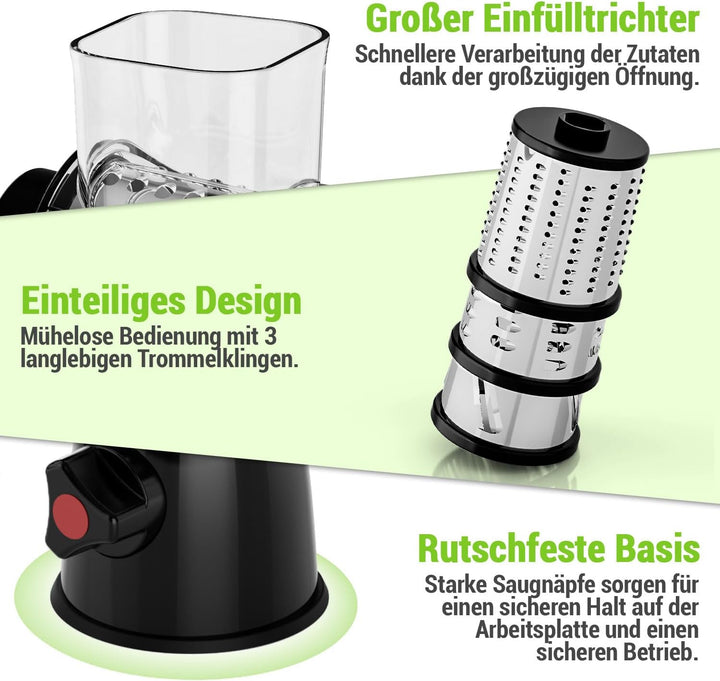 Käsereibe mit Kurbel, Mandoline Gemüsehobel mit 3 Edelstahl Austauschbaren Trommelblättern, Gemüsere