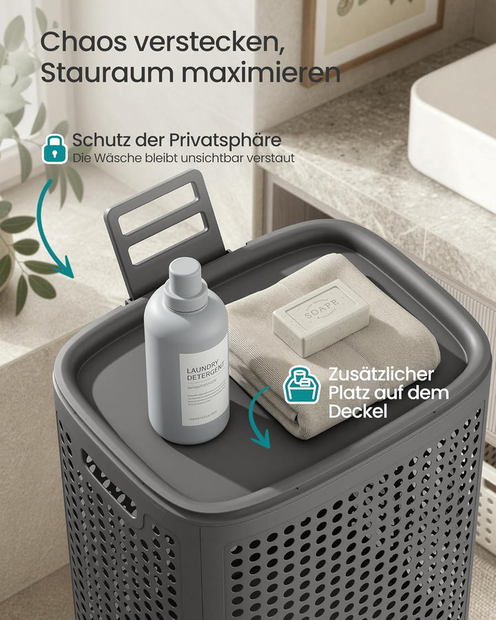 SONGMICS Wäschekorb mit Deckel, Wäschesammler Plastik, 75 L, Wäschetonne schmal, Wäschebox platzspar