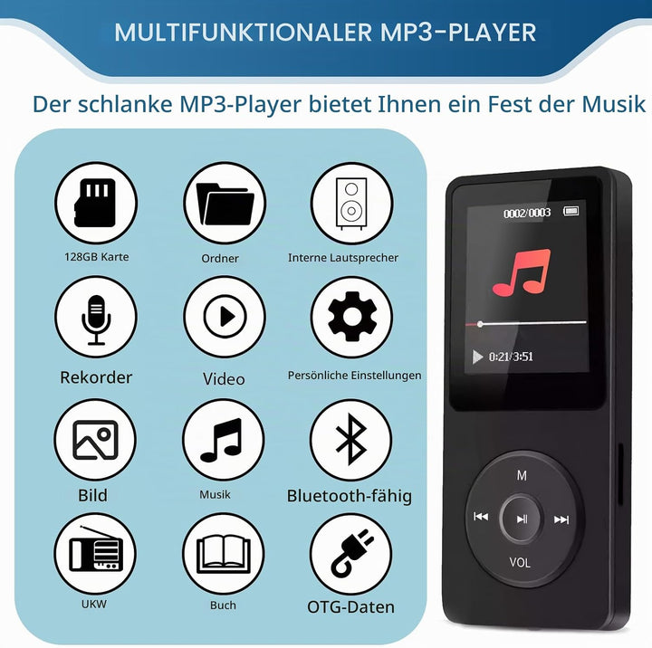 128GB MP3 Player Bluetooth 5.3 mit Lautsprecher, inkl. 128GB Speicherkarte, 1,8 Zoll TFT Musikplayer