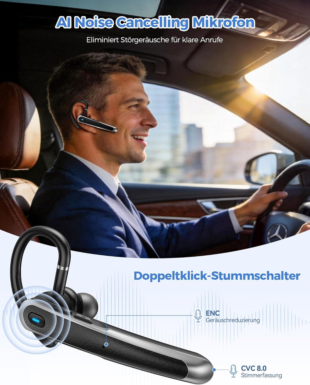 TECKNET 5.4 Bluetooth Headset mit Mikrofon, Dual Mic ENC Noise Cancelling Kopfhörer In Ear, KI-Echtz