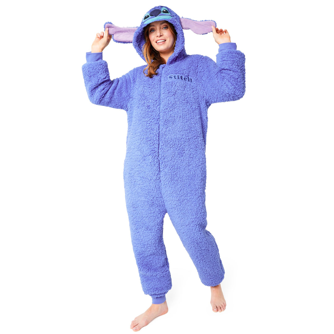 Disney Stitch Onesie Damen &amp; Teenager, Lilo und Stitch Fleece Einteiler Damen mit Kapuze &amp; Ohren Ges