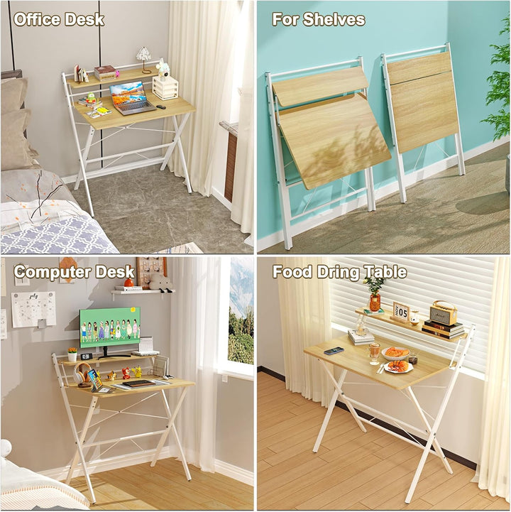 PIPIPOXER 80x50cm Schreibtisch Klappbar, Klappbarer Schreibtisch mit Regal, Schreibtisch Klappbar mi