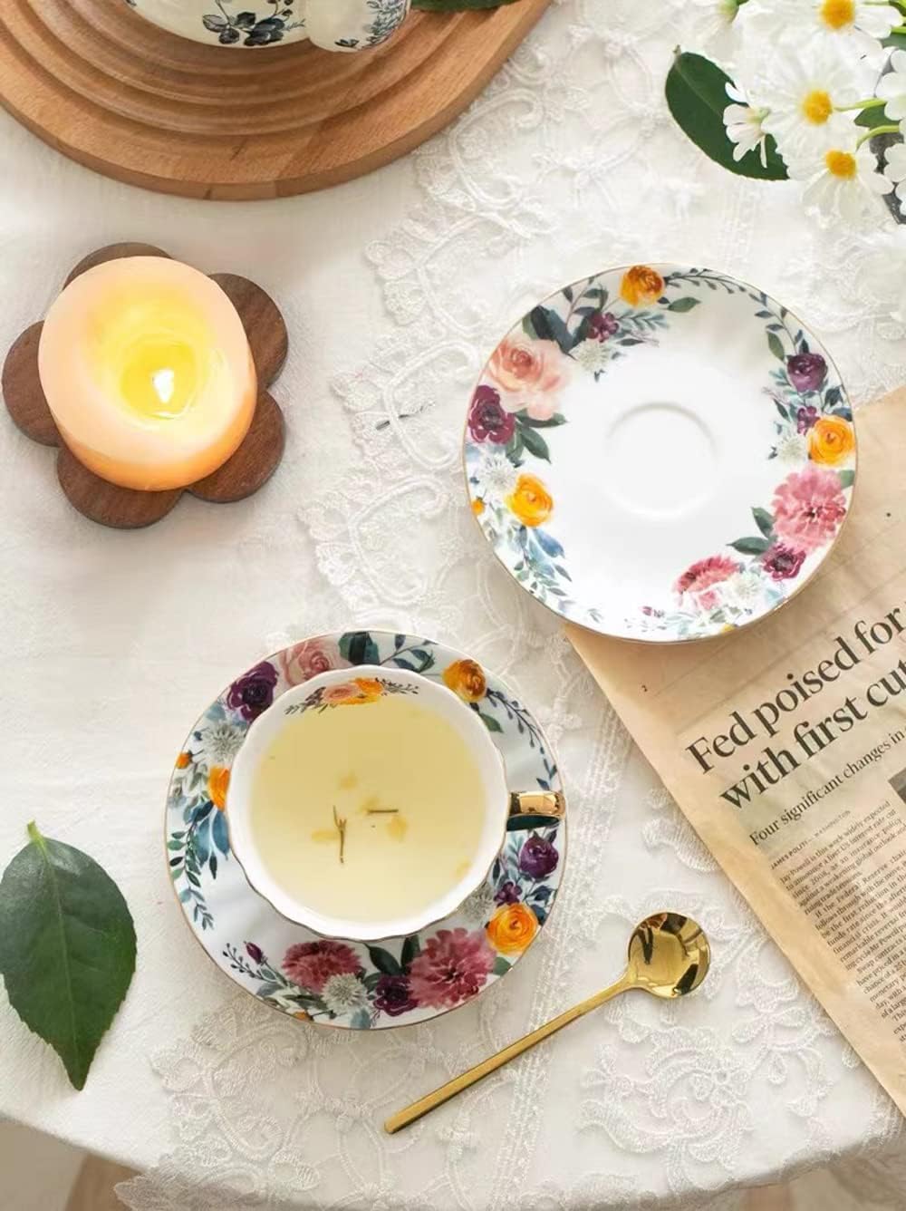 Porzellan Teetasse mit Untertassen und Löffel, 2 Satz von 8 oz Floral Kaffeetasse mit Goldrand Halte