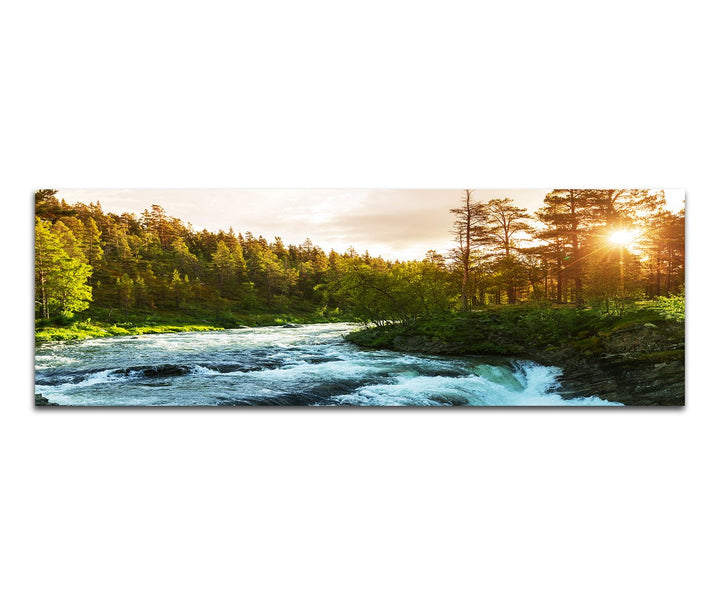 Paul Sinus Art Panoramabild auf Leinwand und Keilrahmen 120x40cm Norwegen Wald Bäume Fluss Sonnenstr