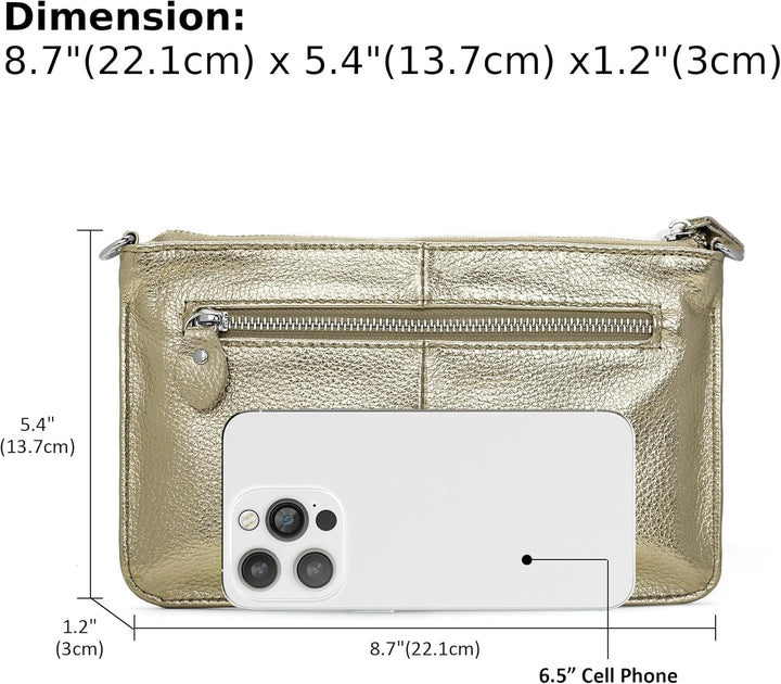 befen Damen Umhängetasche Gold, Echtleder Handtasche Damen Klein mit Handgelenkschlaufe Damen Portem