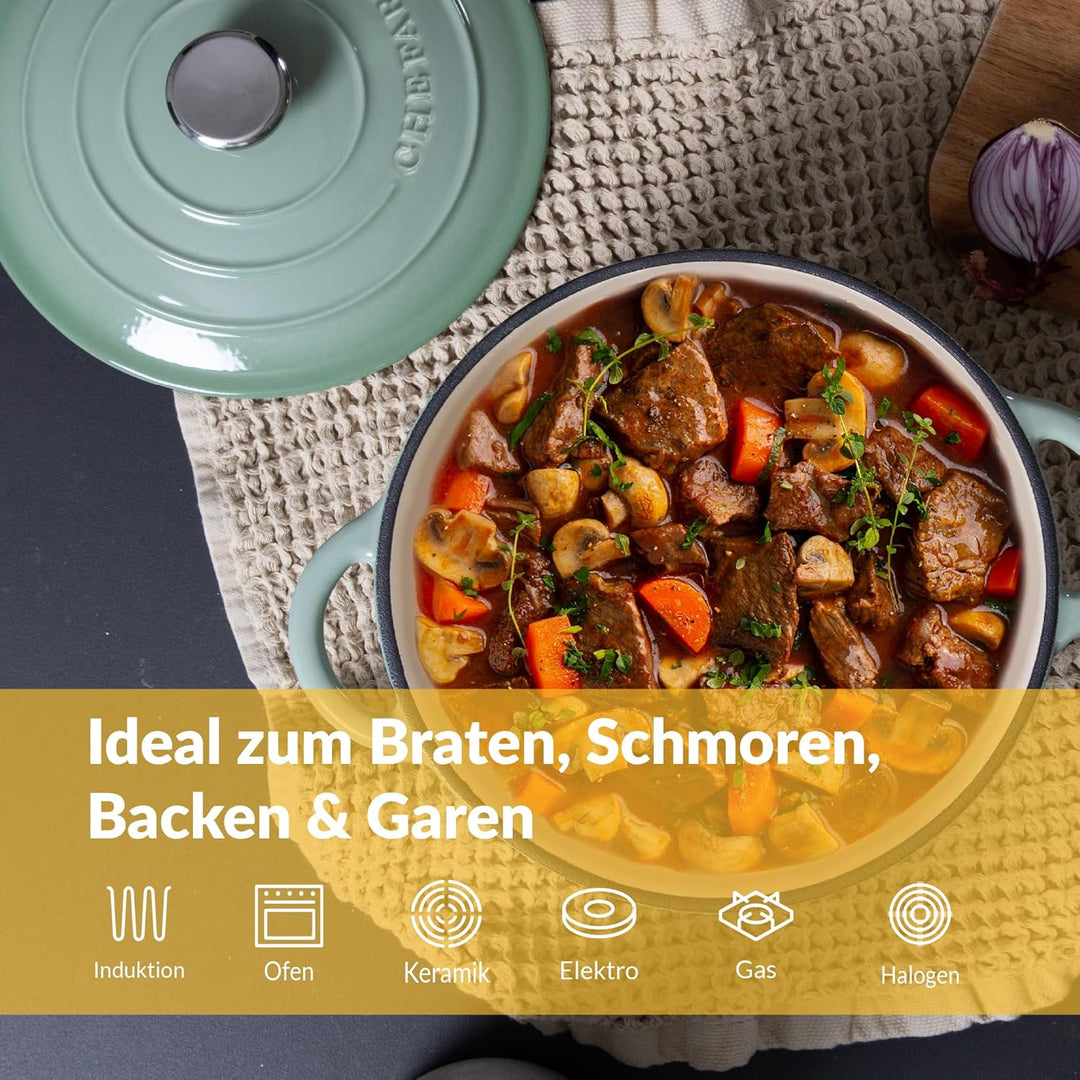 Chefarone Gusseisen Topf 26 cm 4,7 L emailliert - Schmortopf mit Deckel Induktion - Gusseisen Bräter