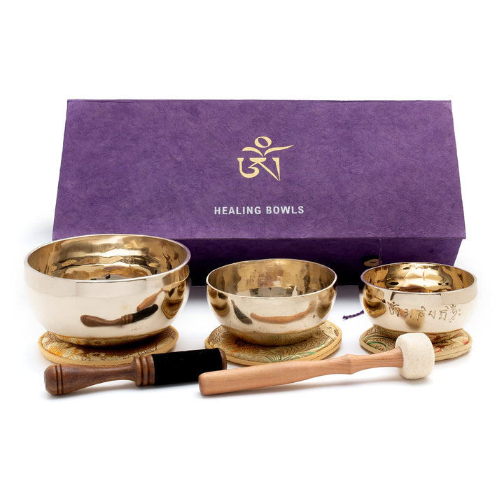 Healing-Box mit 3 besonderen, fein gravierten Klangschalen in Hochglanz-Optik für Meditation u. Klan