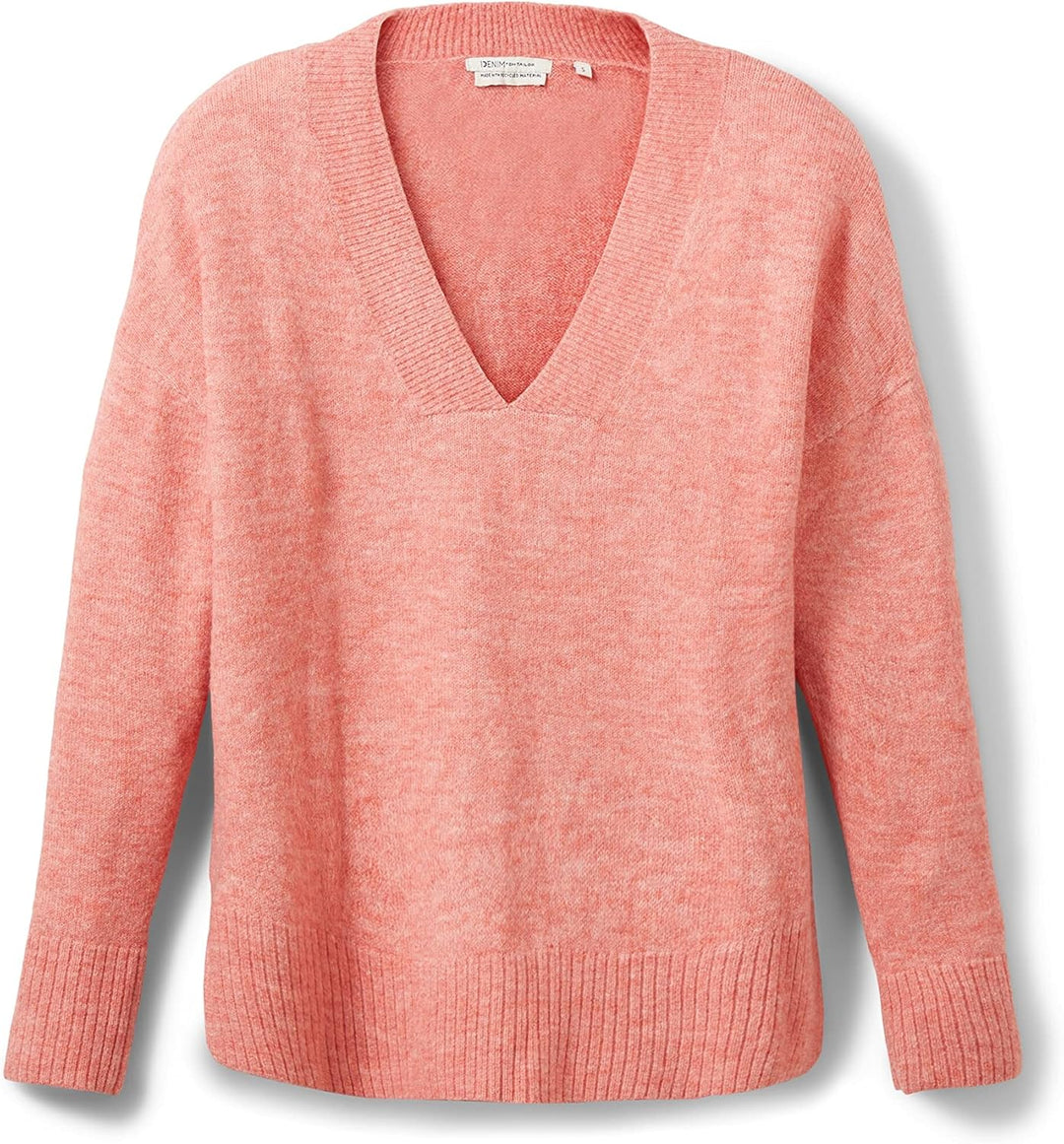 TOM TAILOR Denim Damen Basic Pullover mit V-Ausschnitt XS 30562 - Peach Pink Melange, XS 30562 - Pea