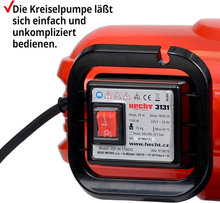 HECHT Kreiselpumpe – leistungsstarke Wasserpumpe mit 1100 Watt (230V), max. 4,5 bar Druck, 4600 l/h