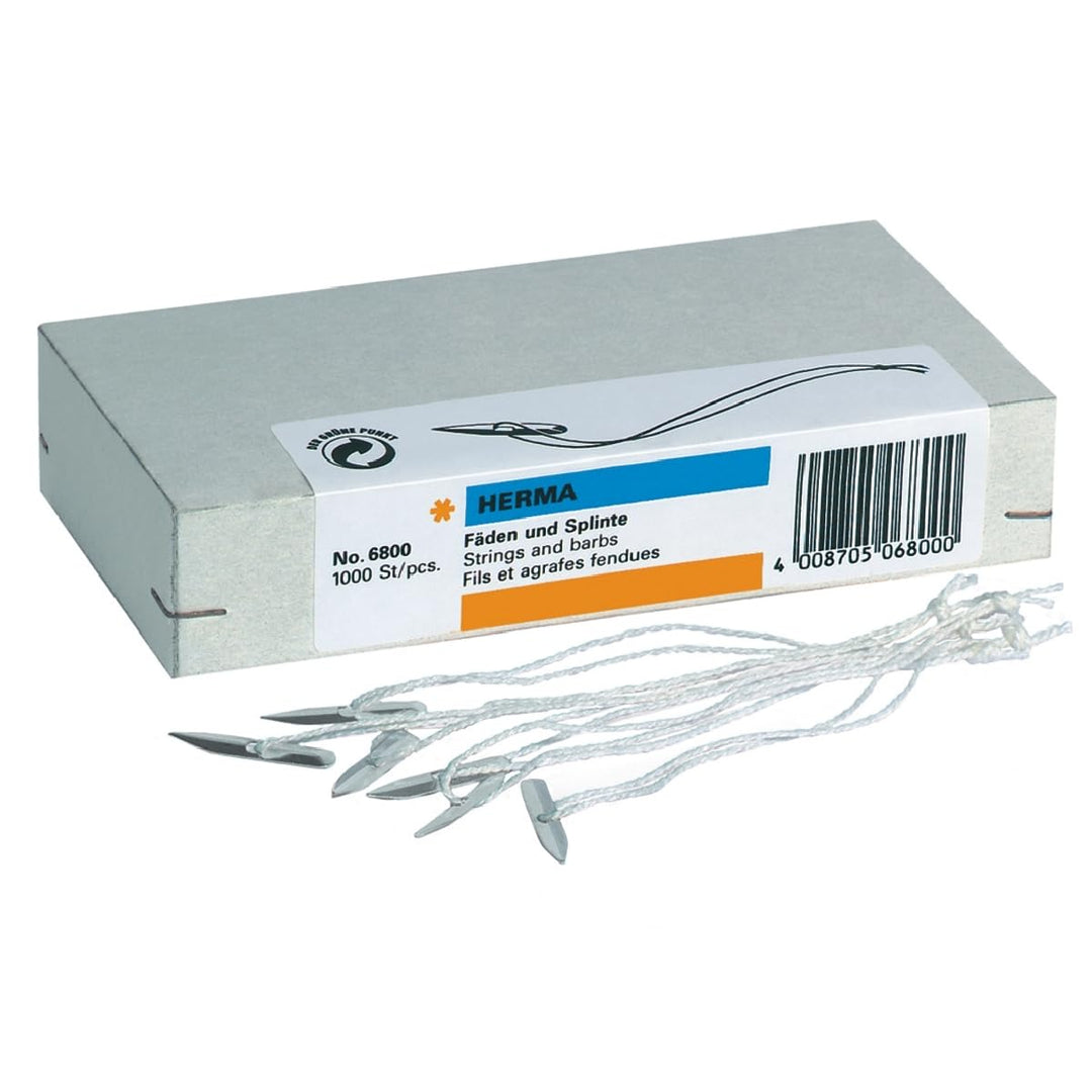 HERMA 6800 Fäden und Splinte für Anhänger, 1000 Stück, Fadenlänge 8 cm, Schnur mit Metallsplint für