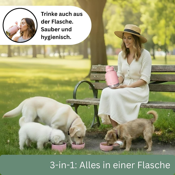 3-in-1 Hundetrinkflasche – Edelstahl 304, auslaufsicher, Softtouch, Wasser- &amp; Futterbehälter mit 3 N