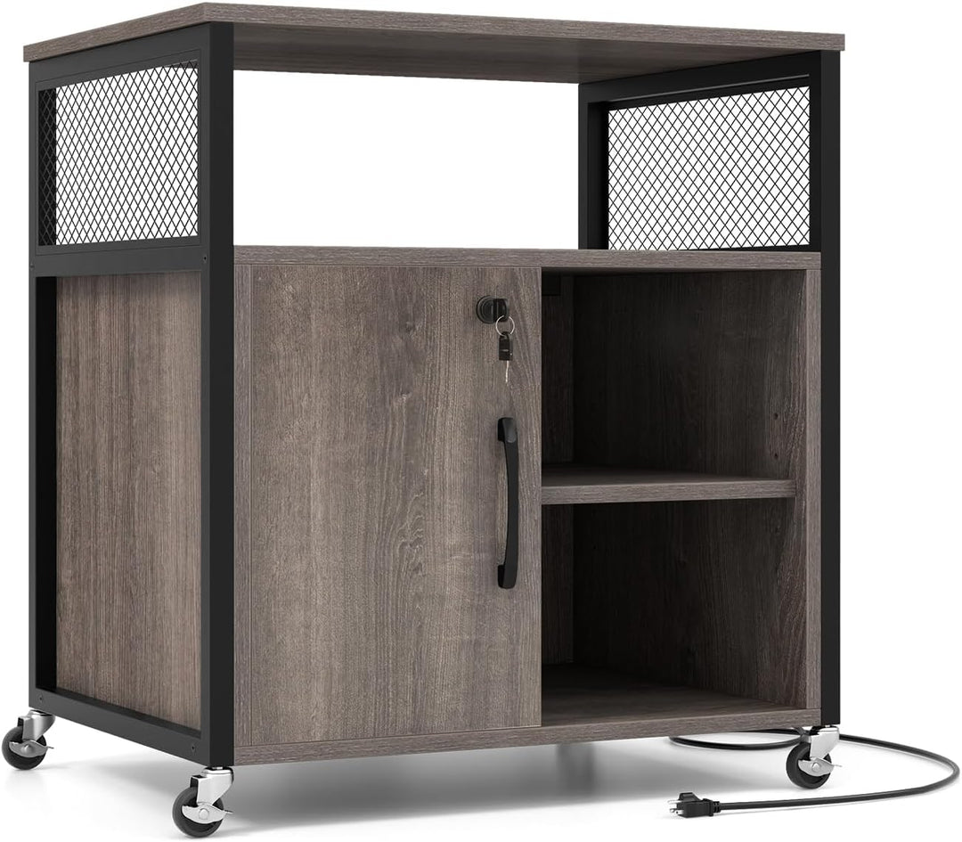 GOPLUS Rollcontainer, mobiler Aktenschrank mit Ladestation & Schloss, Bürocontainer mit verstellbare