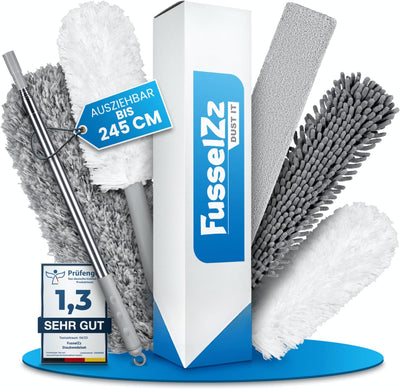 FusselZz® dust it Staubwedel teleskop waschbar [GROssES Set] – lang ausziehbar bis 2,45 m – Spinnweb