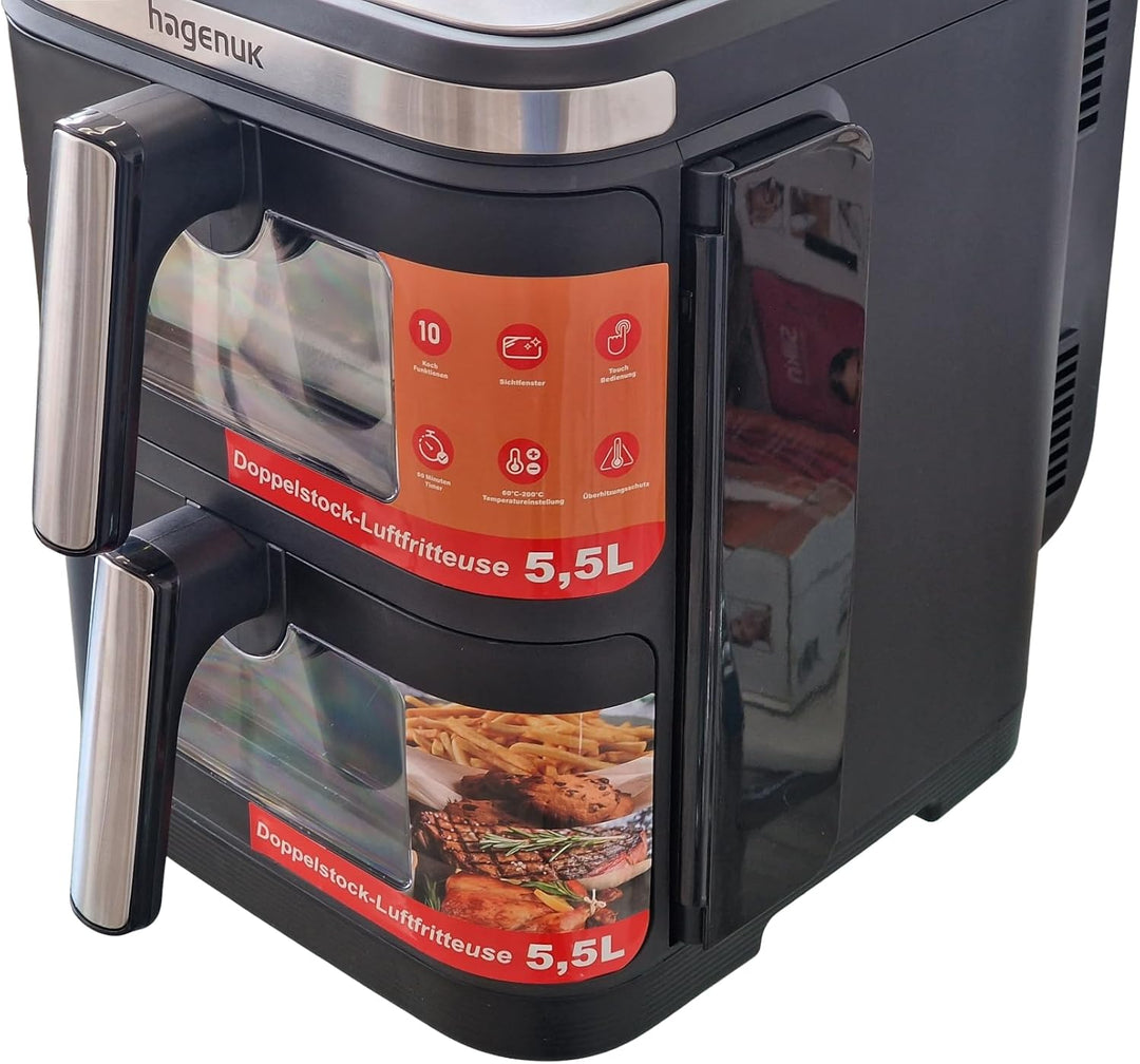 Premium Doppel-Heissluftfritteuse 2×5,5L mit Sichtfenster, 10 Programmen, Grill-Einsatz, Touchdispla