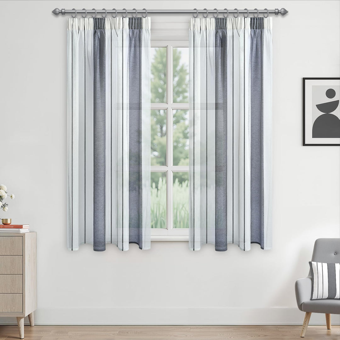 MRTREES Vorhang Halbtransparent Grau und Weiss Streifen Gardinen Mit Kräuselband Vorhänge 137x140 cm