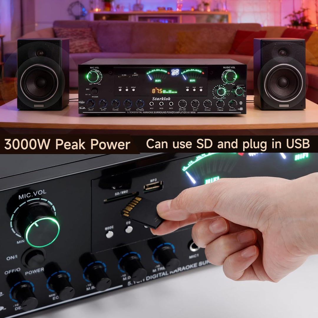 3000W Spitzenleistung 5.1-Channel HiFi Stereo Verstärker, Subwoofer Heimkino Verstärker mit Bluetoot