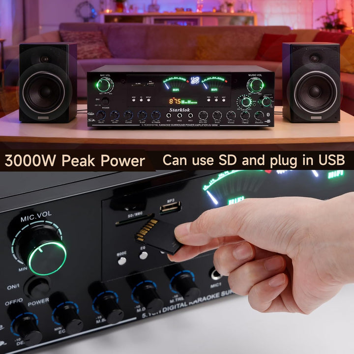 3000W Spitzenleistung 5.1-Channel HiFi Stereo Verstärker, Subwoofer Heimkino Verstärker mit Bluetoot