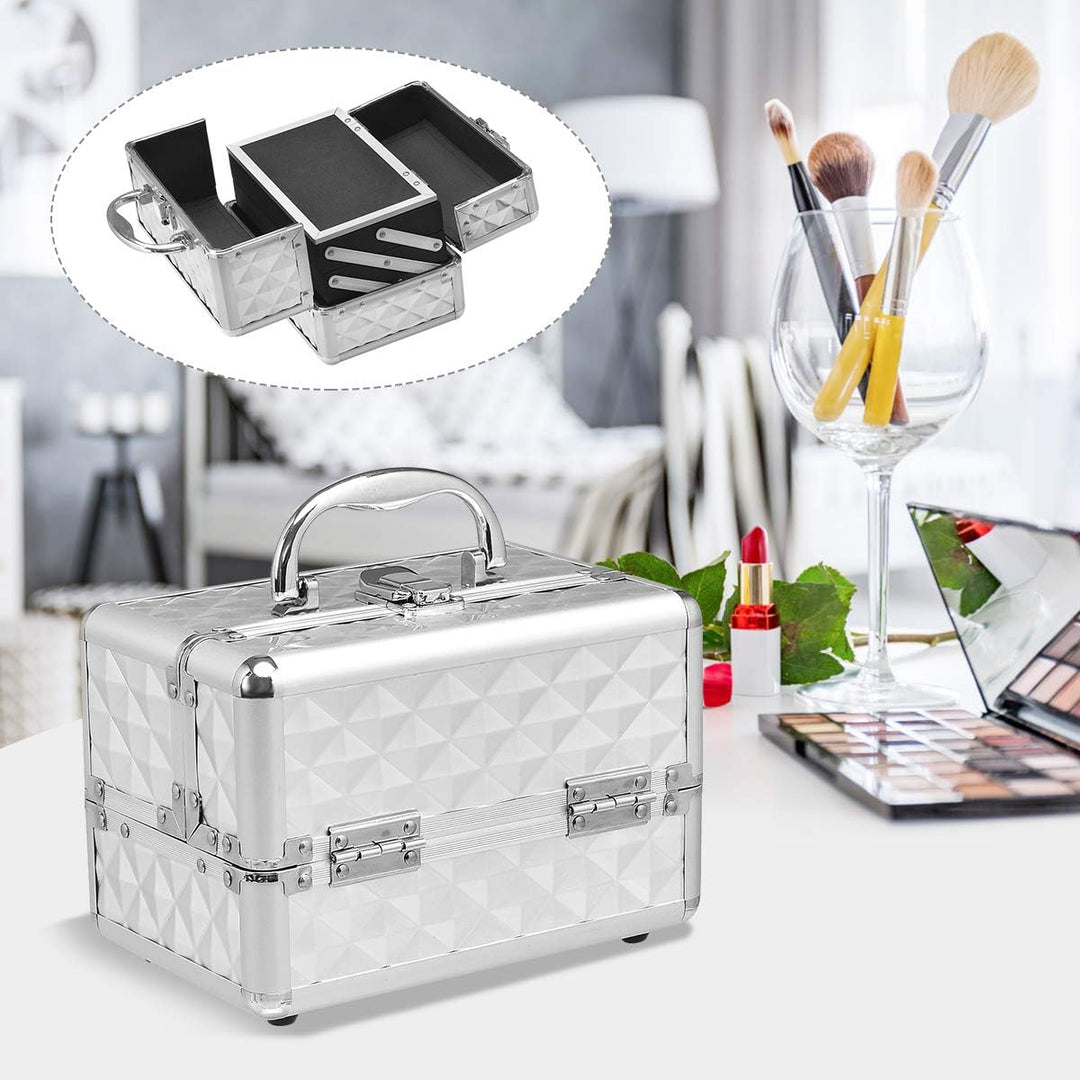GOPLUS Kosmetikkoffer, Schminkkoffer leer mit Spiegel & 2 ausziehbare Ablagen, Makeup Oragnizer trag