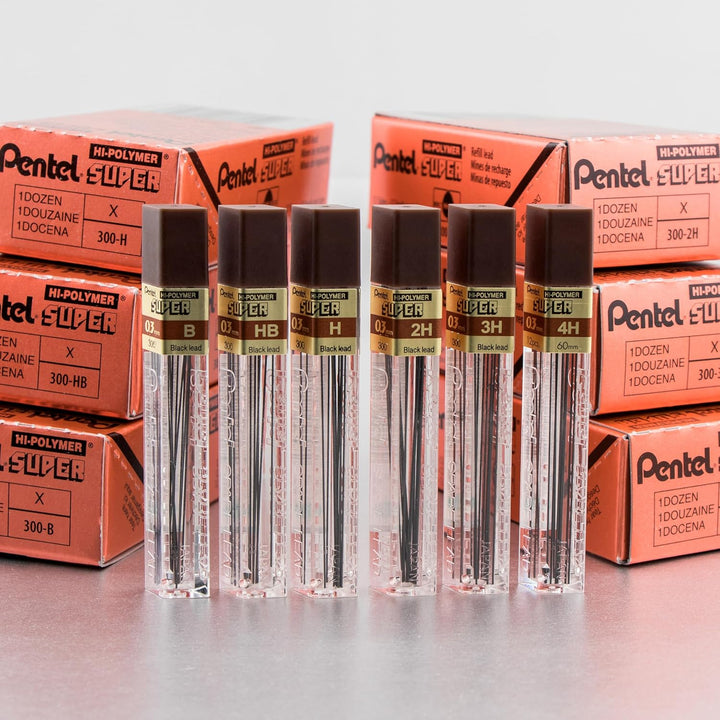 Pentel Super Hi-Polymer Nachfüllmine, 0,3 mm Mine, Klasse H, 1 Packung mit 12 Tuben, (12 Leads pro T