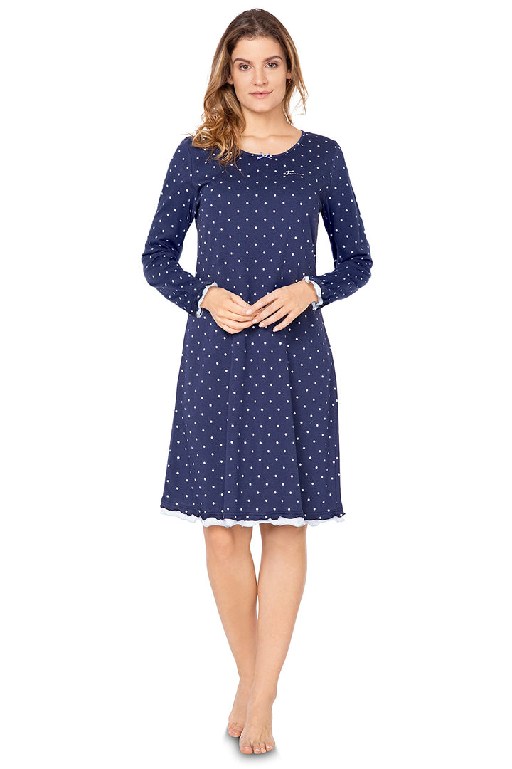 e.FEMME Damen Nachthemd Marion 333, Langarm, aus 50% Baumwolle und 50% Modal Marine Gepunktet 36, Ma
