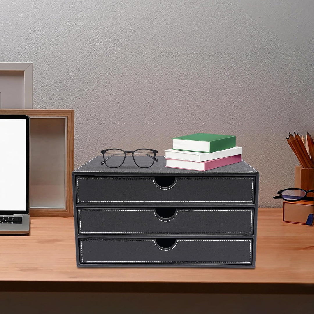 Schreibtisch Schubladenbox 3 Ebenen PU-Leder Desktop Organizer mit A4-Fächern Büroablage 33cm Dokume