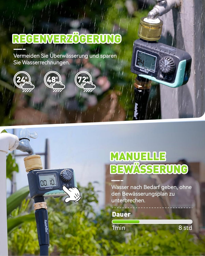 RAINPOINT Bewässerungscomputer mit Messing-Einlass, Aufgerüsteter Wasserzeitschaltuhr mit Regenverzö