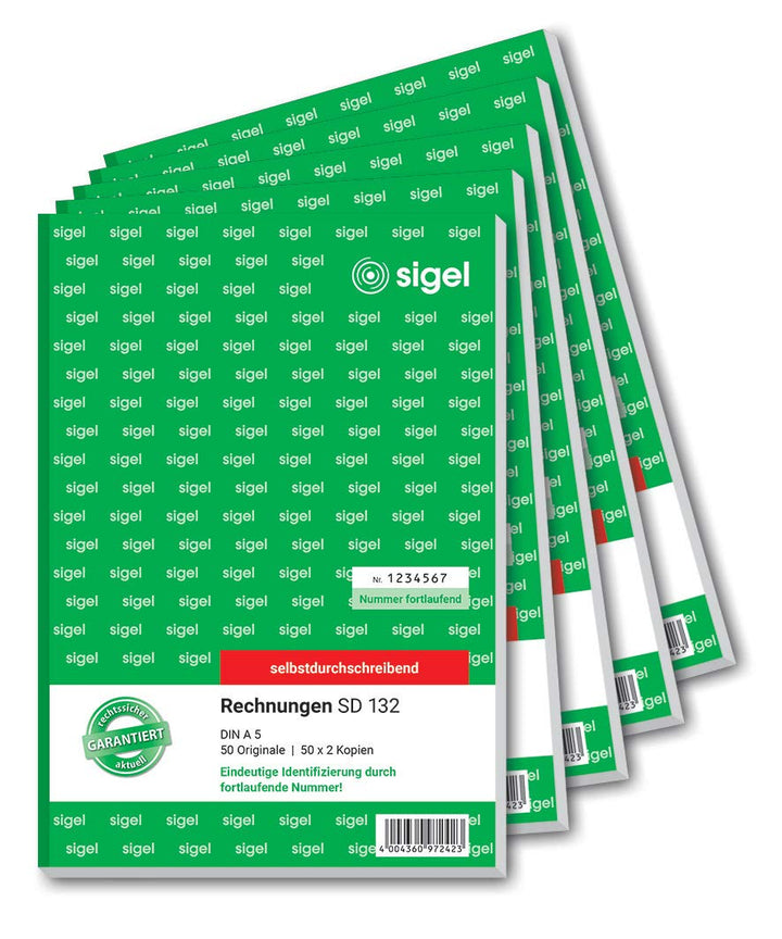 SIGEL SD132/5 Rechnungen fortlaufend nummeriert, A5, 3x50 Blatt, selbstdurchschreibend, 5er Pack 5 S