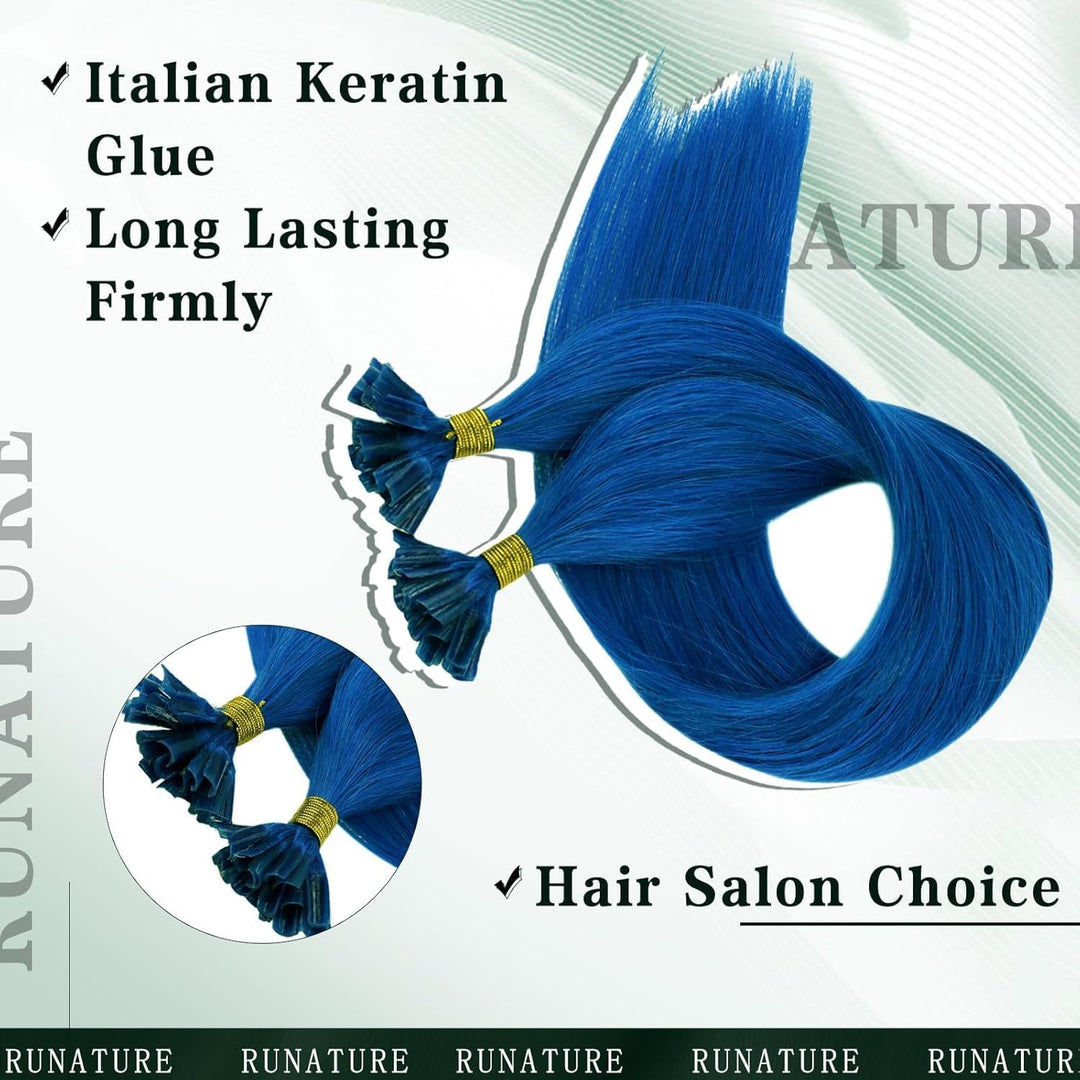 RUNATURE Blaue Haarverlängerungen Bonding Extensions Echthaar Lang 55cm Blau Extensions Echthaar Bon