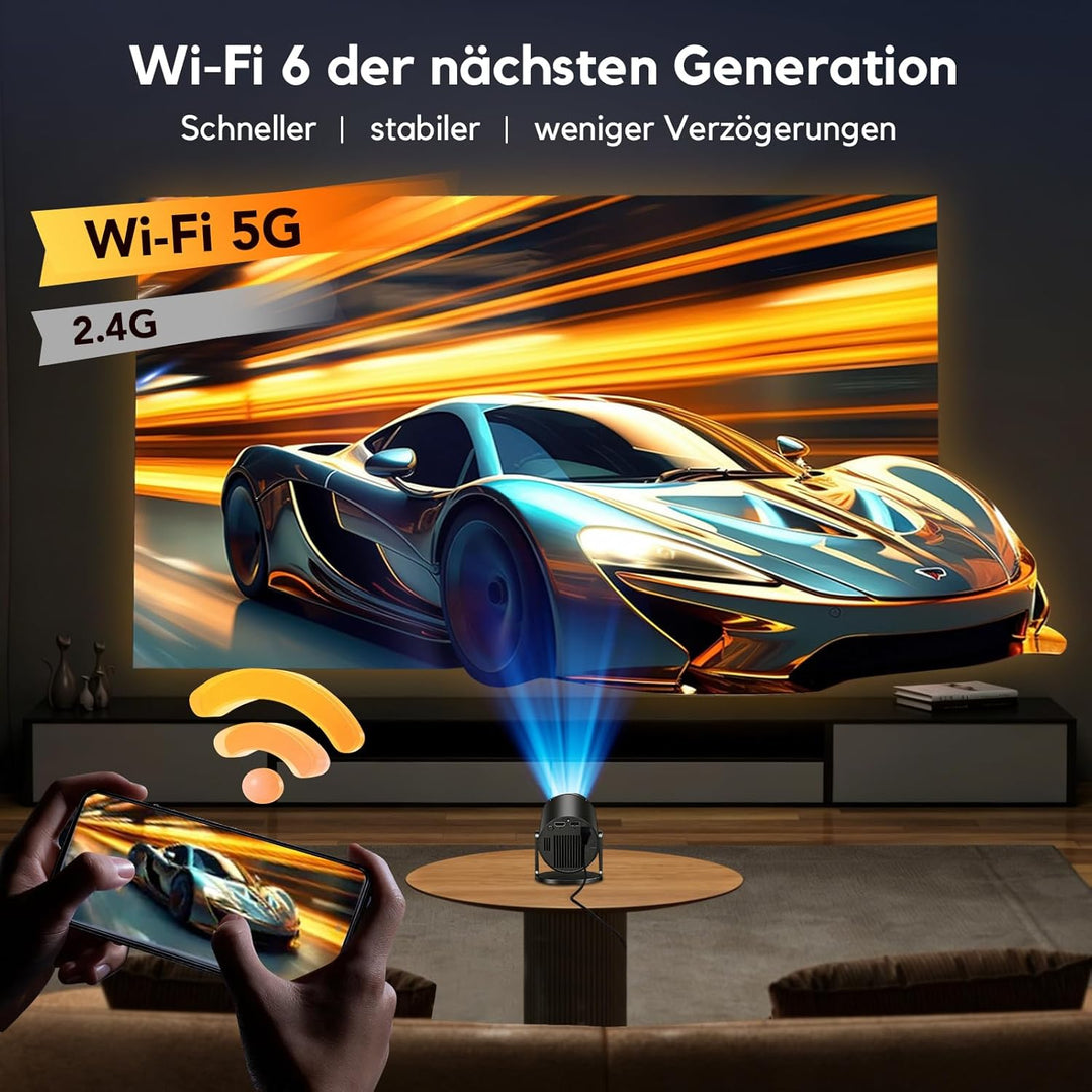 Smart Mini Beamer 1080P Unterstützt, Tragbarer Projektor AKIYO O2 mit WiFi 6 und Bluetooth 5.4, Beam