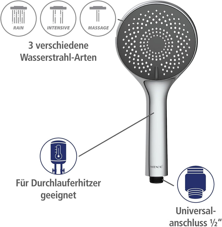 WENKO Wasserspar Duschkopf Watersaving, Handbrause mit Wasserspar-System, 3 Strahlarten, Ø 11 cm, AB