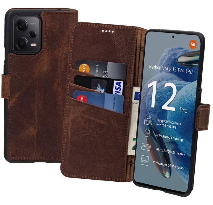 Suncase Book-Style Hülle kompatibel mit Xiaomi Redmi Note 12 Pro 5G Leder Tasche (Slim-Fit) Lederhül