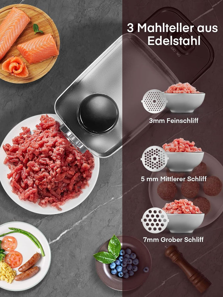 Fleischwolf Elektrisch, CompactPower Wurstaufsatz, 1500W Blockierleistung, 450W, 3 Edelstahl Loch-Sc