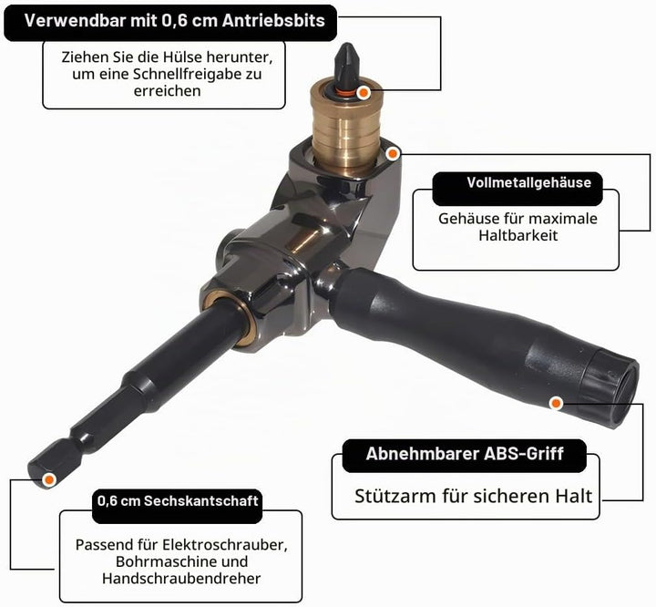 Winkelaufsatz für Akkuschrauber, Winkelschrauber Aufsatz Ganzmetall-Gehäuse, Winkelgetriebe mit Abne