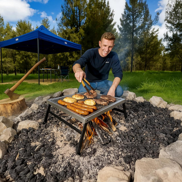 GARLLEN Faltbarer Lagerfeuer-Grill, 40x30cm Campinggrillrost, Tragbarer Edelstahl Grillgitter zum Au